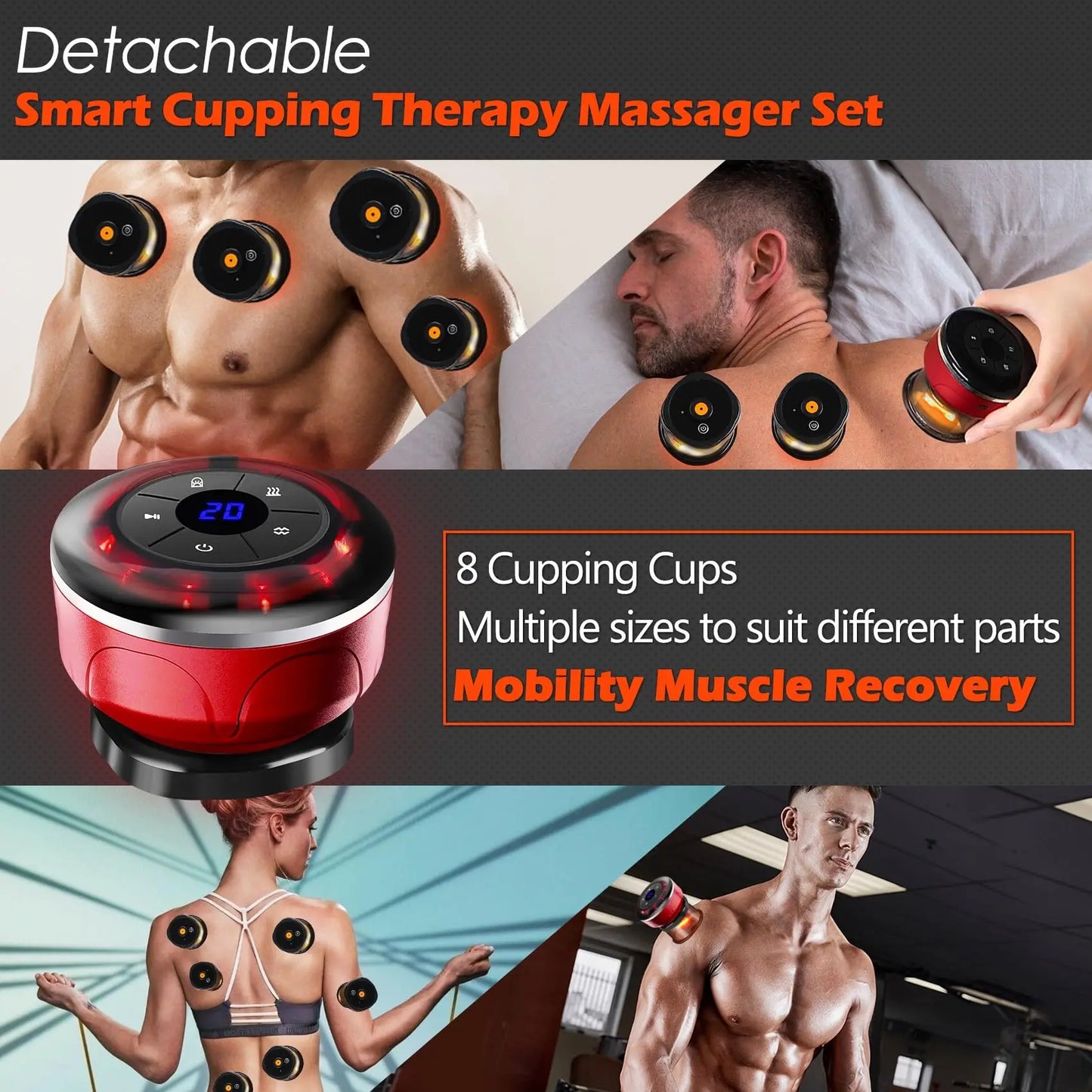 8Cups Smart Cupping Therapy Massager Set,4In1 Electric Cupping Massager Device Fat Burner Vacuum Suction Cups Ems anti Cellulite