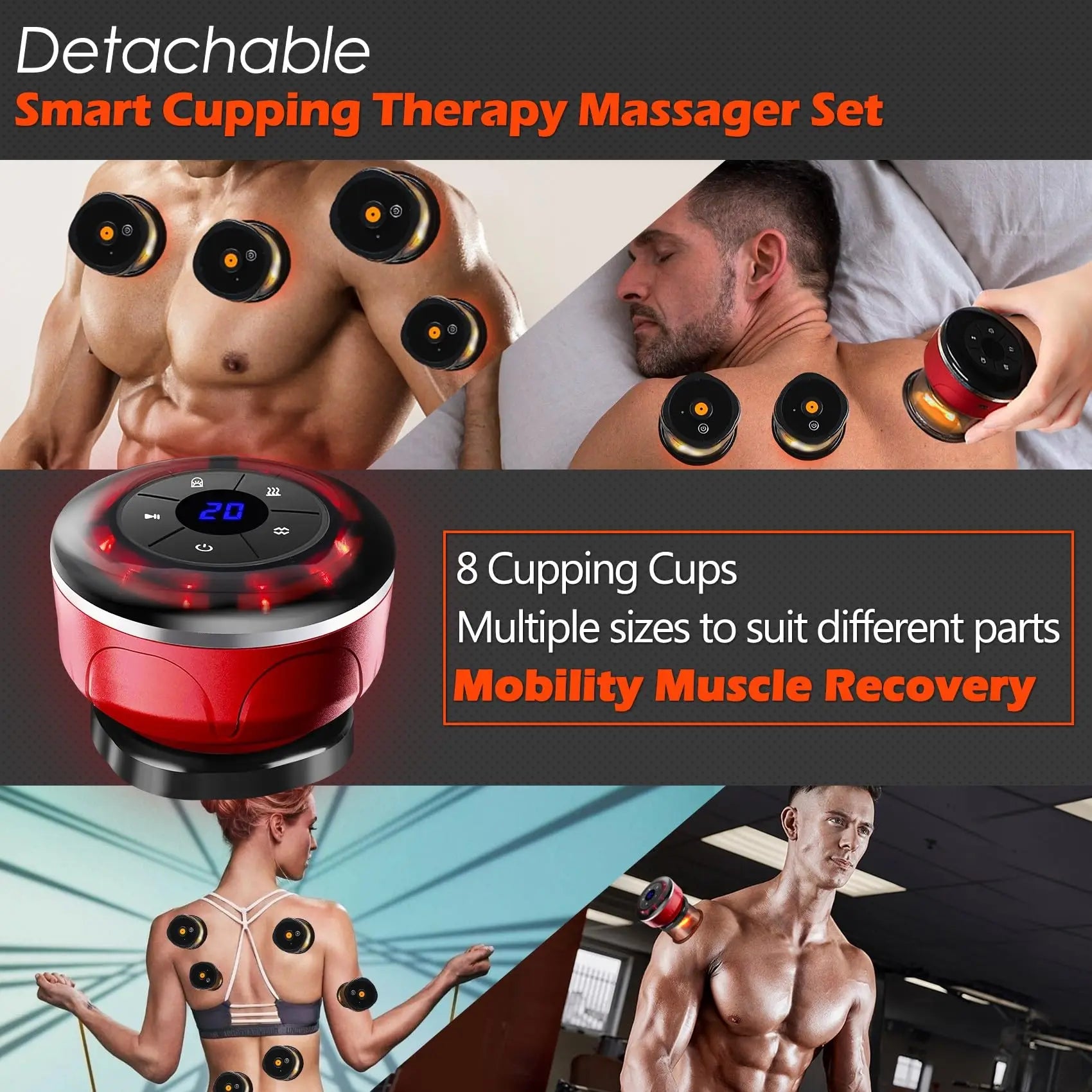 8Cups Smart Cupping Therapy Massager Set,4In1 Electric Cupping Massager Device Fat Burner Vacuum Suction Cups Ems anti Cellulite